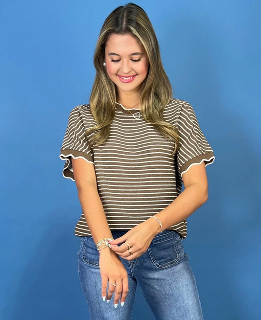 Mocha Stripe Scallop Top