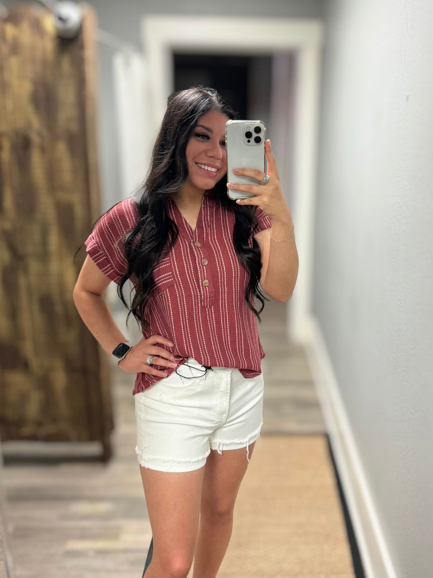 Burgundy Half Button Short Sleeve