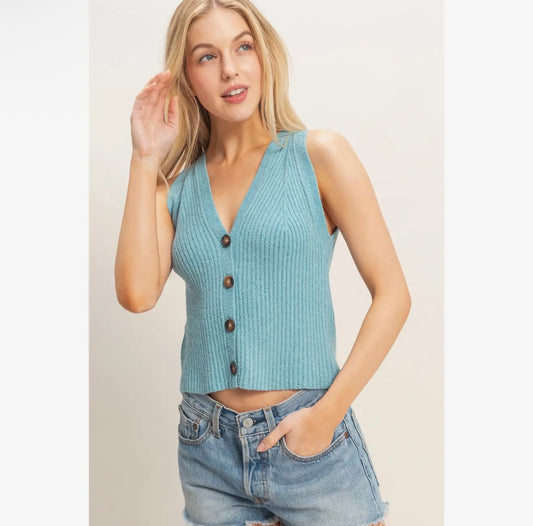 Blue V-Neck Buttoned Tank