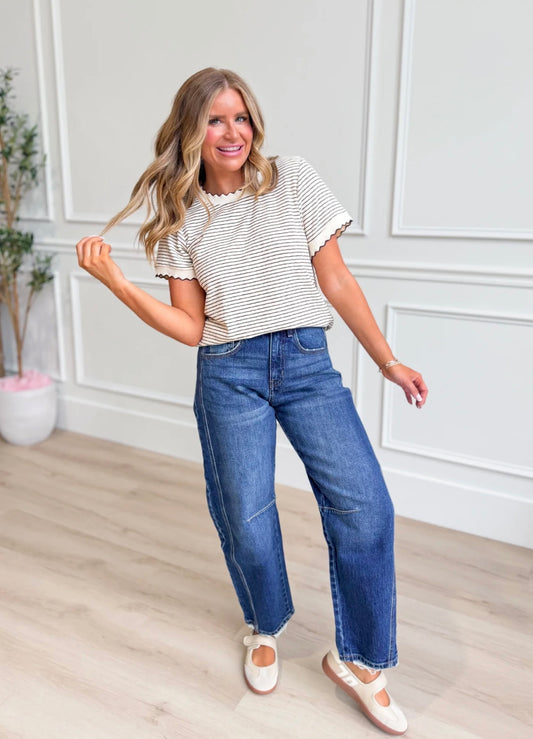 White Stripe Scallop Top