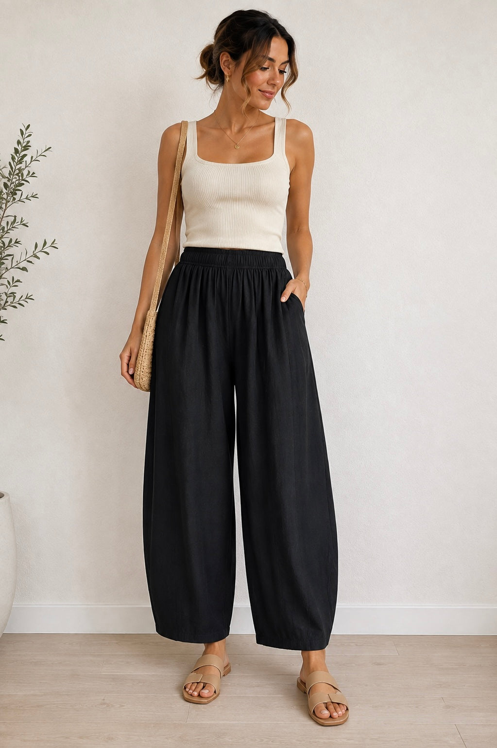 Black Twill Barrel Pants