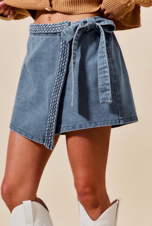 Braided Trim Denim Skort