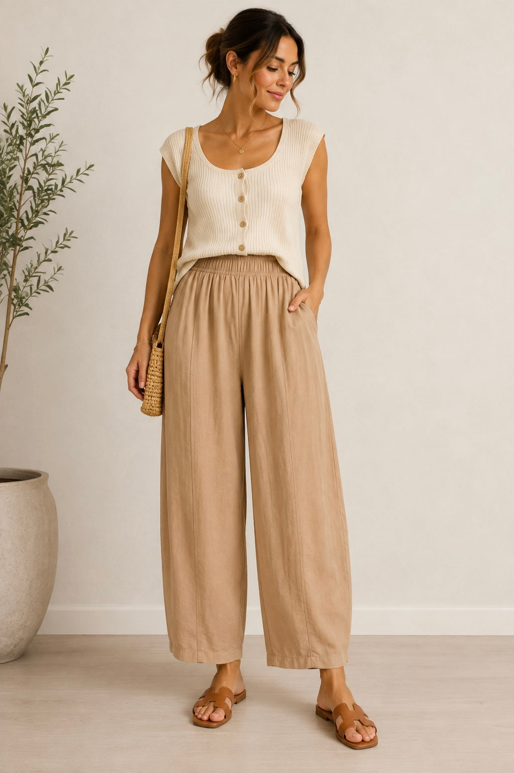 Tan Twill Barrel Pants