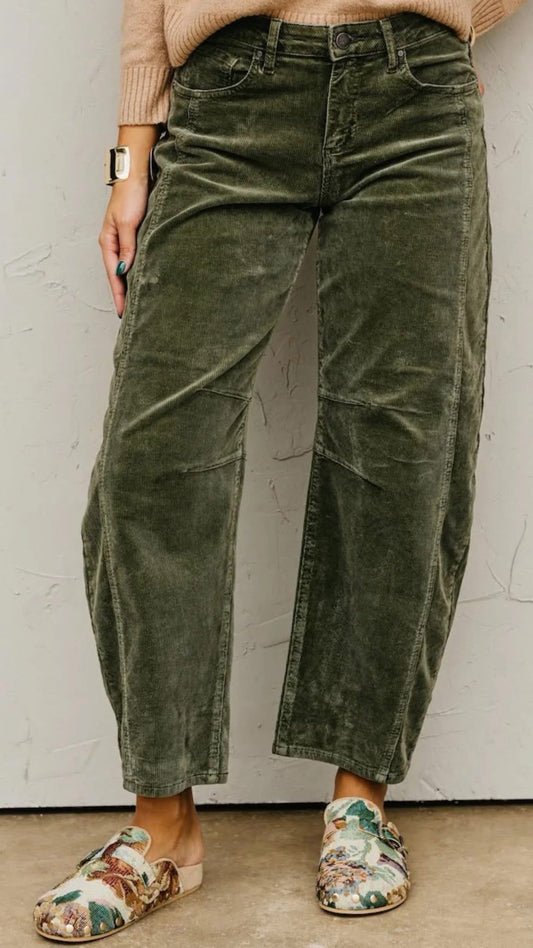 Olive Corduroy Barrel Pants