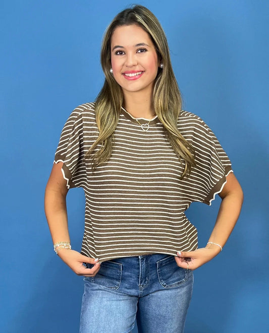 Mocha Stripe Scallop Top