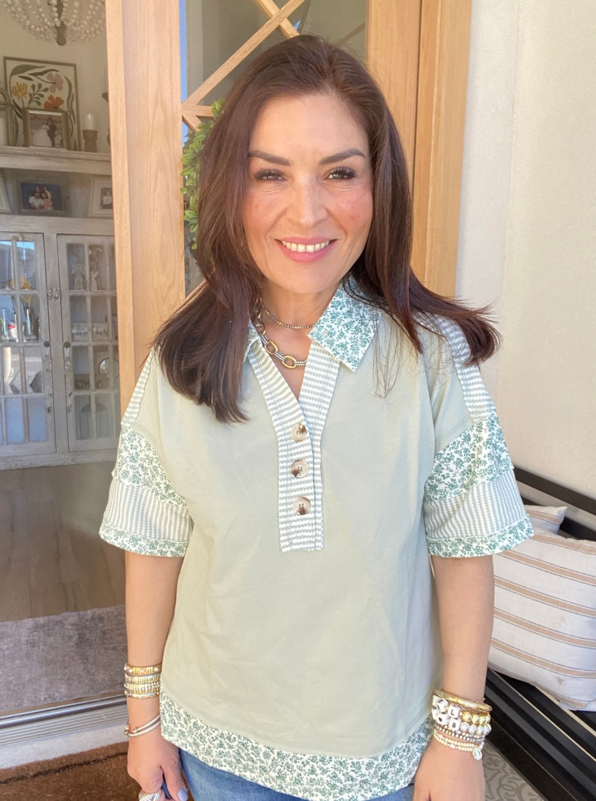 Sage Floral Collared Top