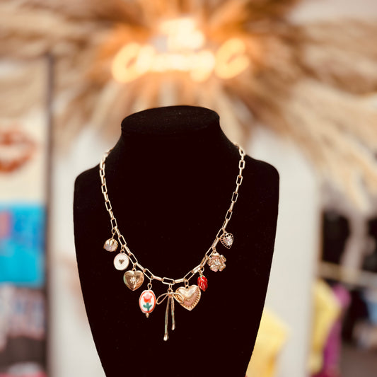 Bow Toile Floral Charm Necklace