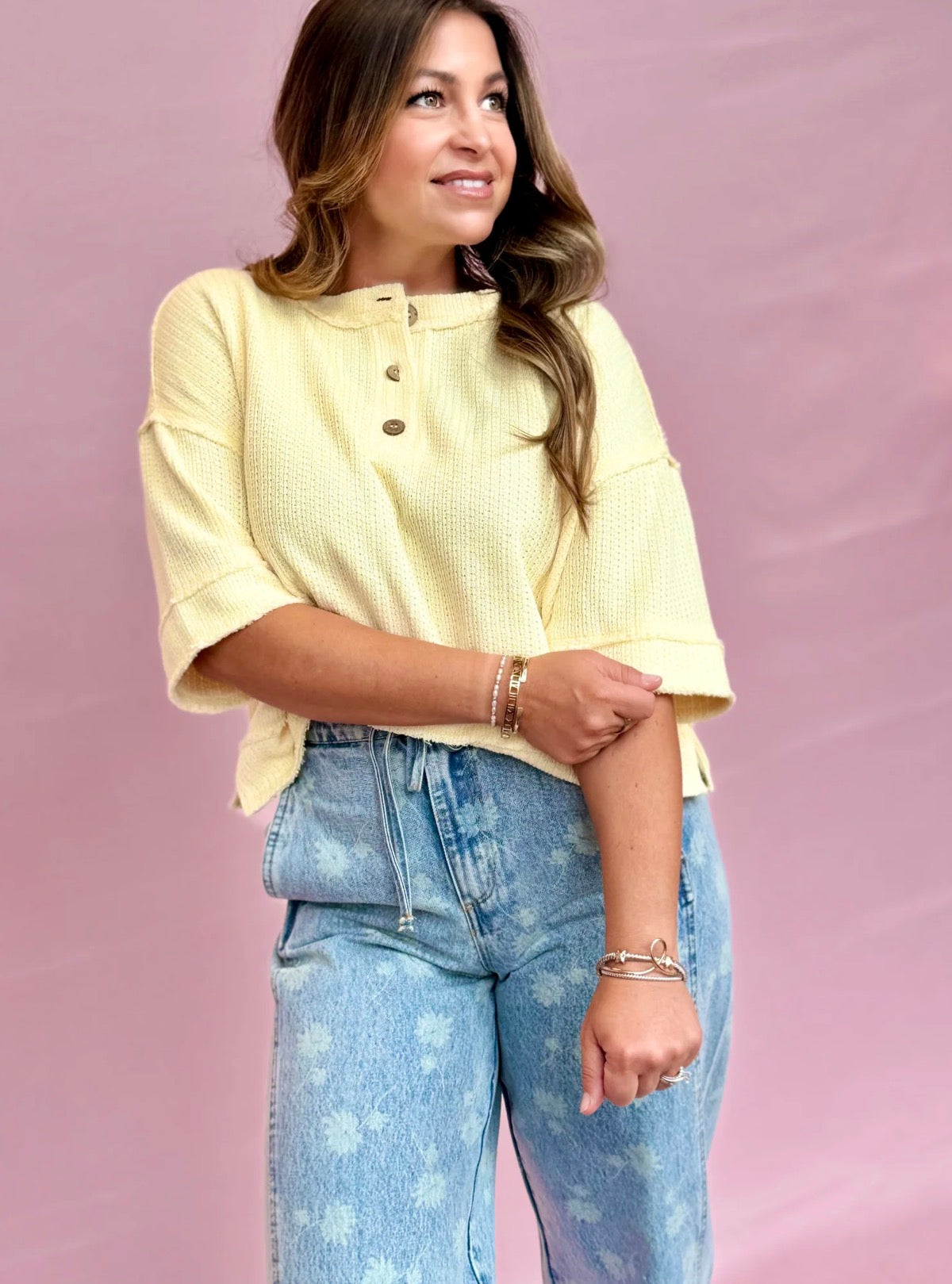 Yellow Waffle Knit Henley Top