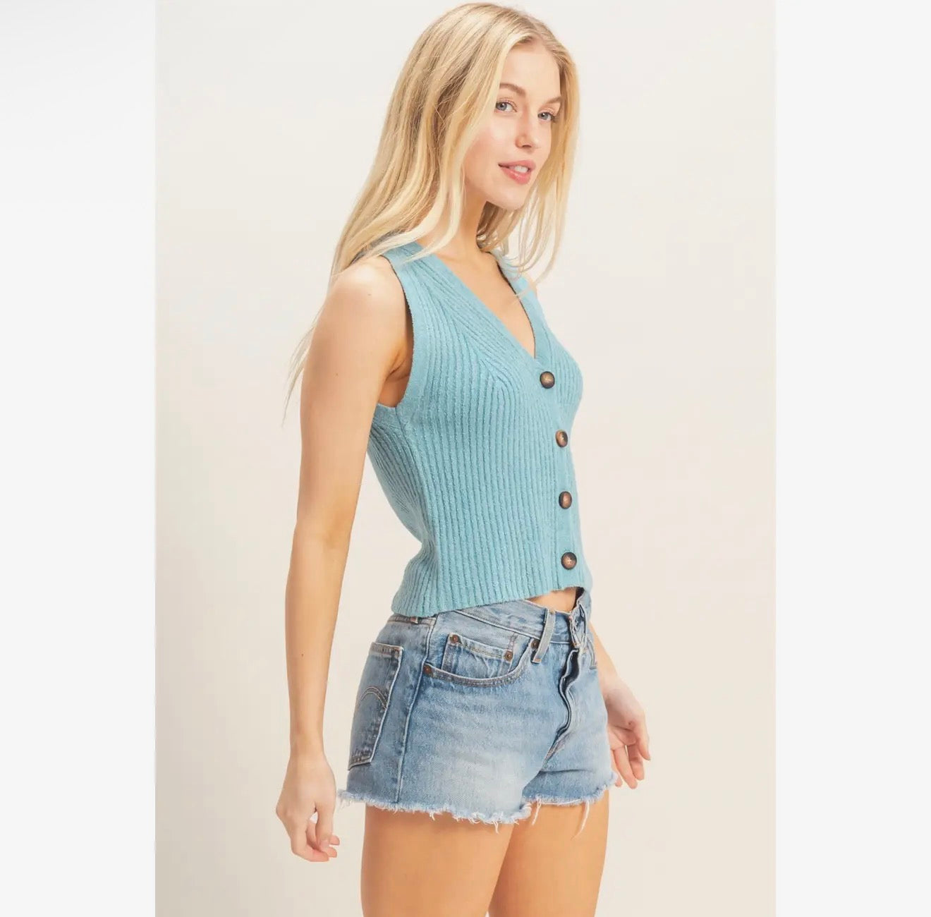 Blue V-Neck Buttoned Tank