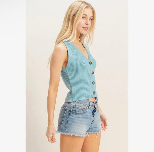 Blue V-Neck Buttoned Tank
