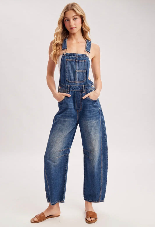 Dark Wash Barrel Overalls