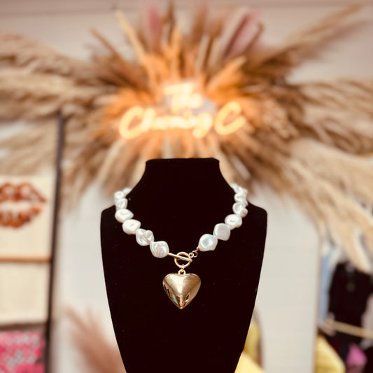 Pearl Beaded Heart Charm Necklace