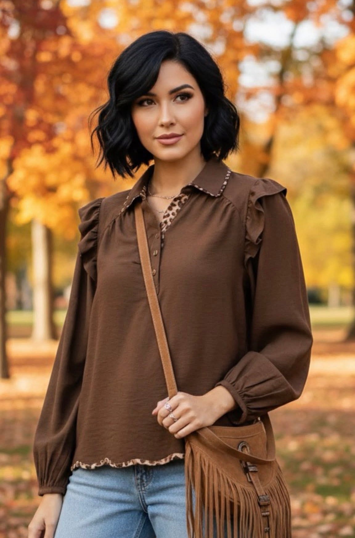 Brown Leopard Contrast Top