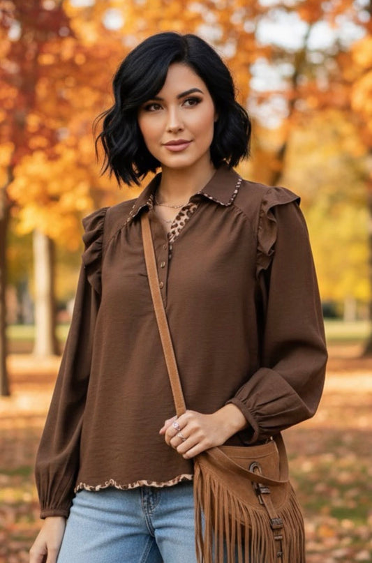 Brown Leopard Contrast Top