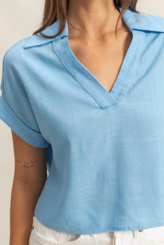Blue V-Neck Linen Top