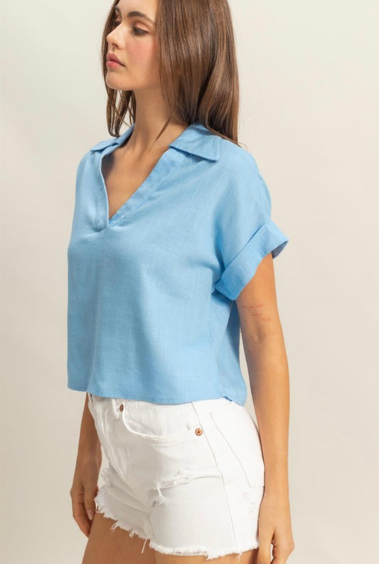 Blue V-Neck Linen Top