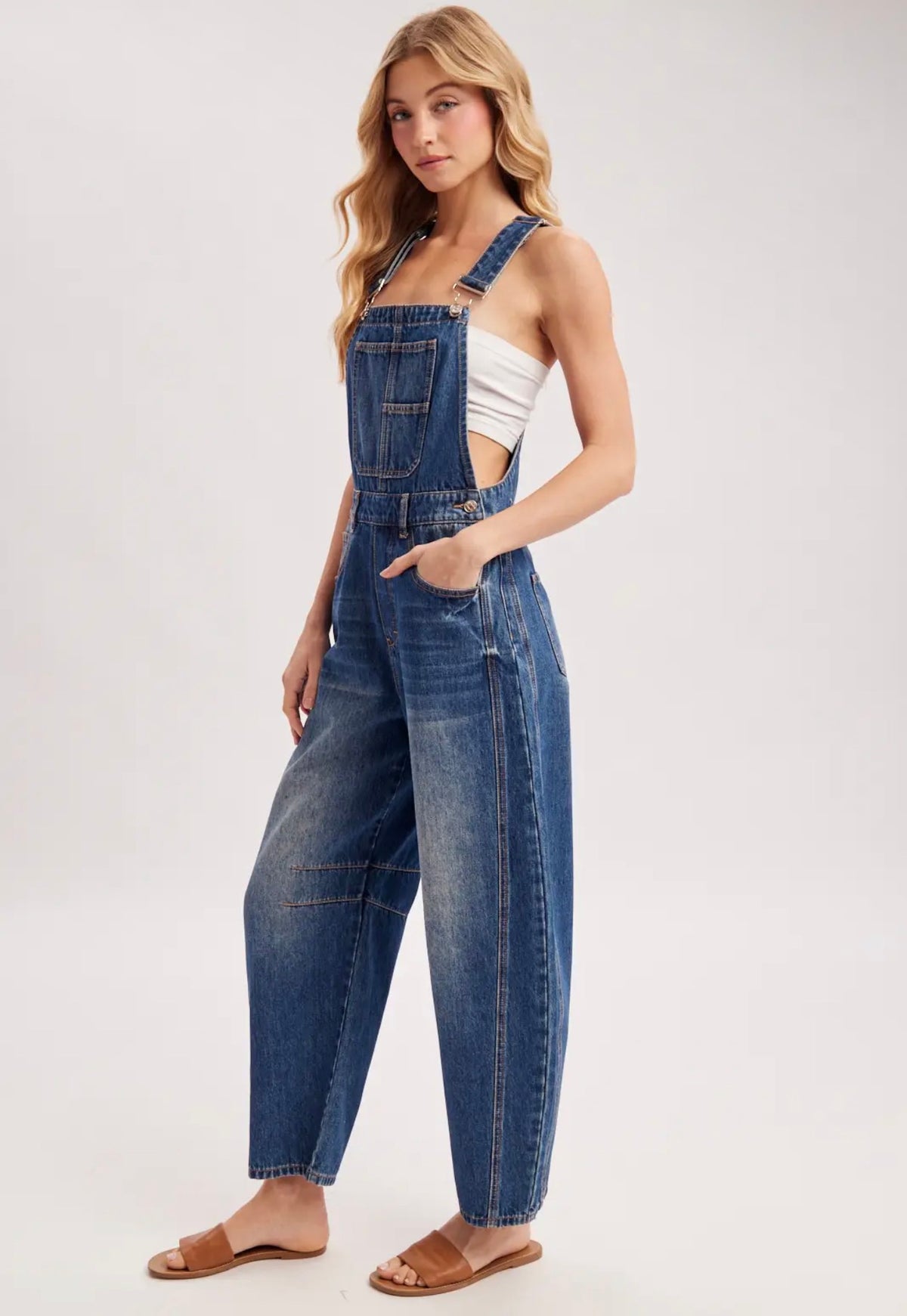 Dark Wash Barrel Overalls