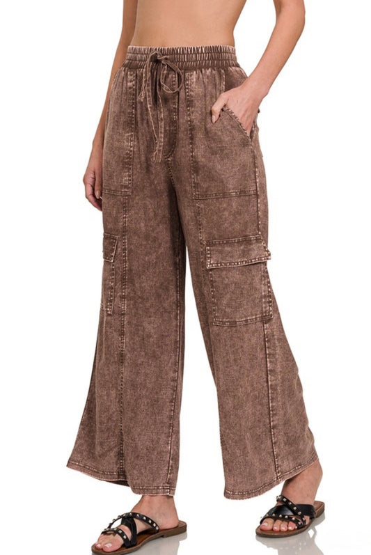 Brown Linen Cargo Pants