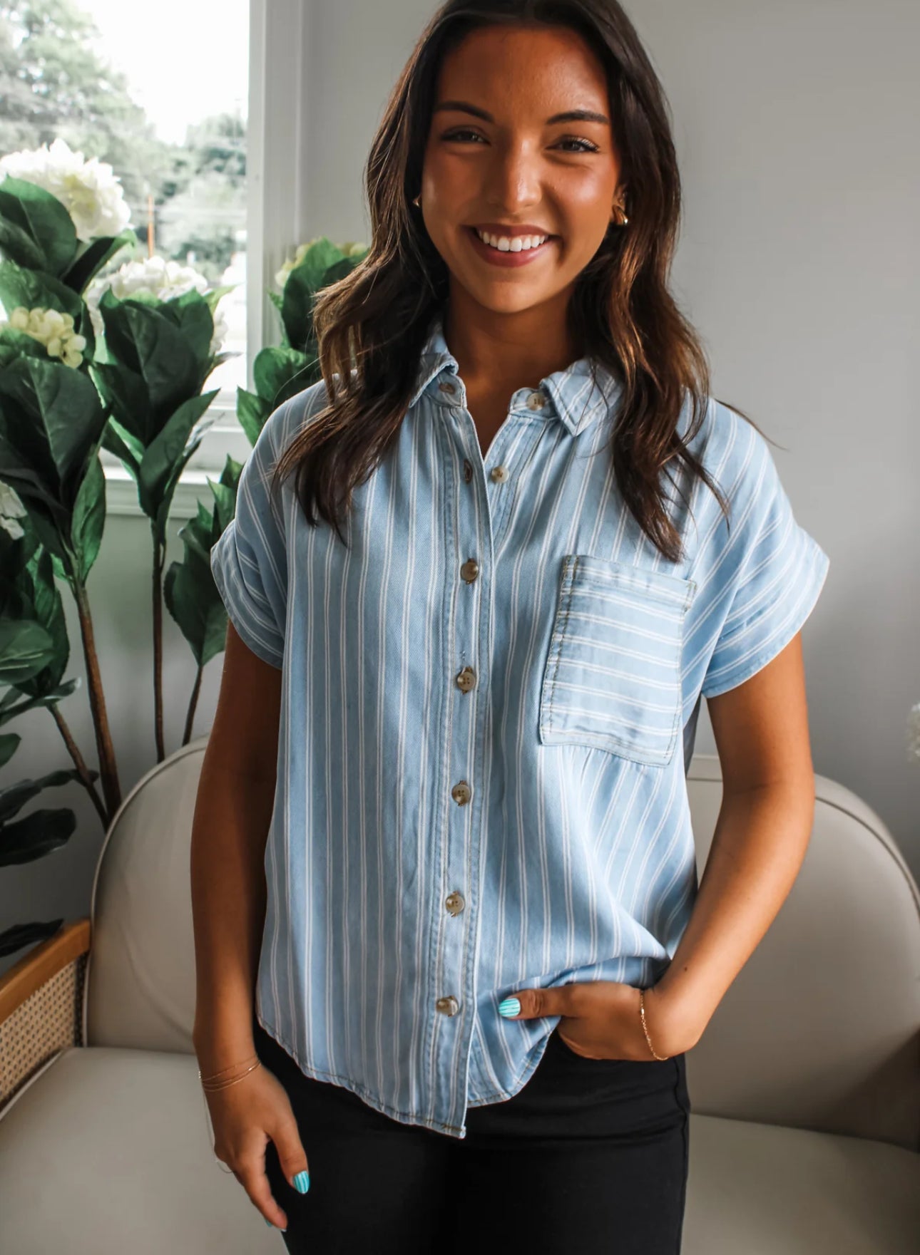 Stripe Chambray Button Top