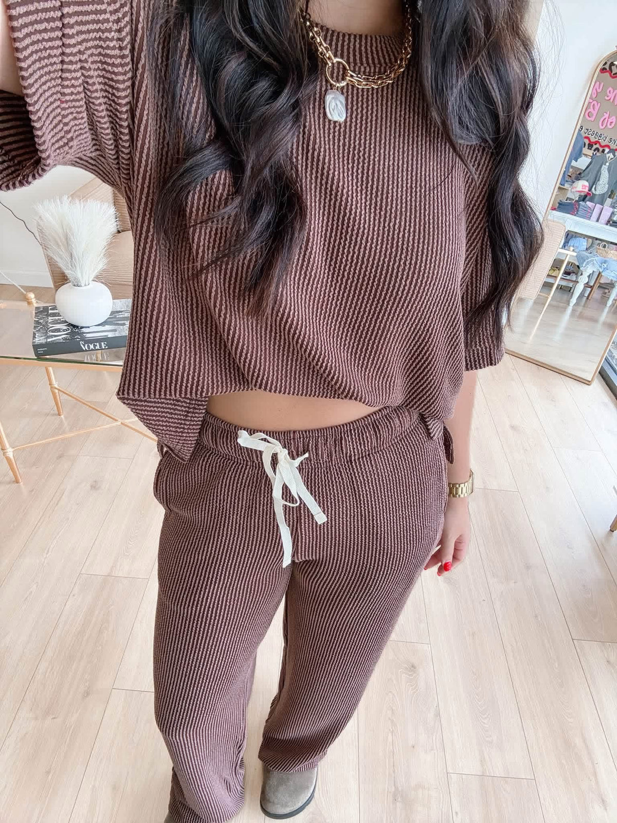 Dark Brown Ribbed Pants Set