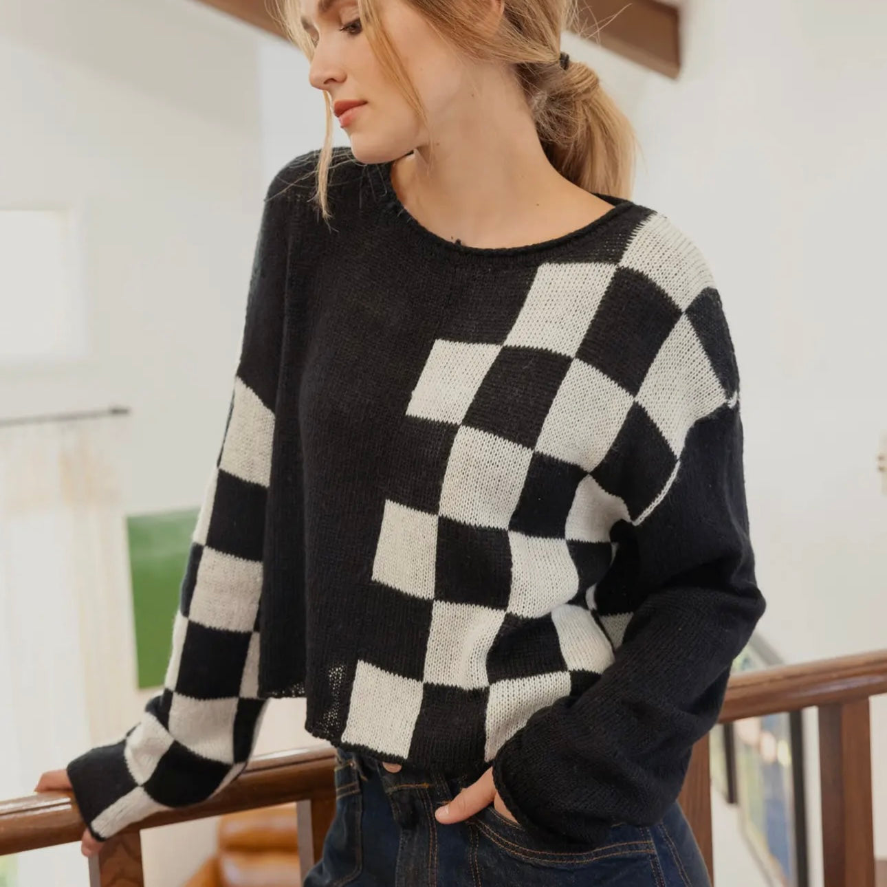 Colorblock Check Knit Sweater